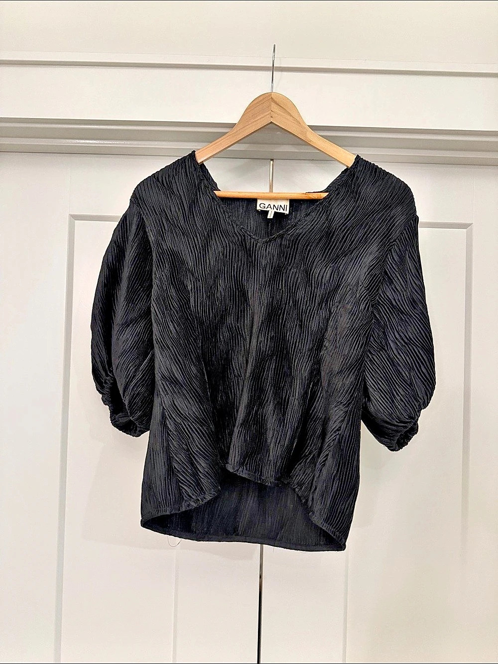 GANNI Crinkled Georgette Smock Blouse Black